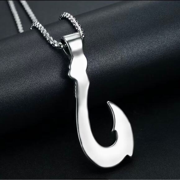 Titanium Steel Fish Hook Pendant Necklace Ocean Adventure Tribal Viking Unisex - Picture 3 of 5